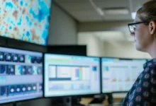 A woman in glasses observes several monitors, each showcasing tools for knowledge management.