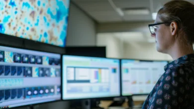 A woman in glasses observes several monitors, each showcasing tools for knowledge management.