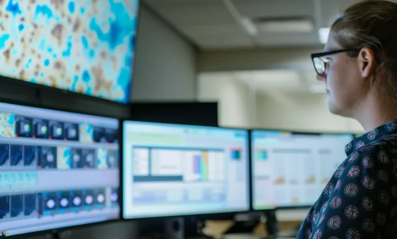 A woman in glasses observes several monitors, each showcasing tools for knowledge management.